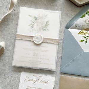 Dusty Blue Wedding Invitations - Deckle Edge with RSVP and Details Style 300