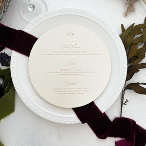 7.5&quot; Round Menu | Circle Wedding Menus | Formal Elegant Menu  |  Shimmer Ivory and Matte Gold and Style 777