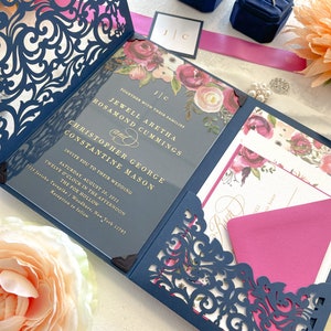 Hot Pink and Navy Lasercut Wedding Invitations | Custom Clear Acrylic Invitation | Champagne Envelopes Style 451 - Option 10