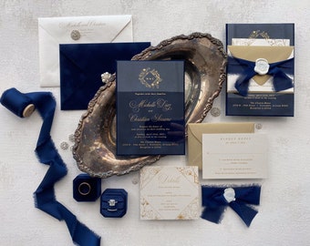 PRINTED Personalized Velvet Wedding Invitation | Navy Wedding Invites -  Style 278