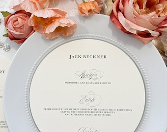 7.5" Round Wedding Menu Place Cards with Names Included | Style 220