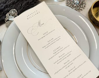 Shimmer Ivory Wedding Menu Place Cards: Formal Table Setting, Style 777
