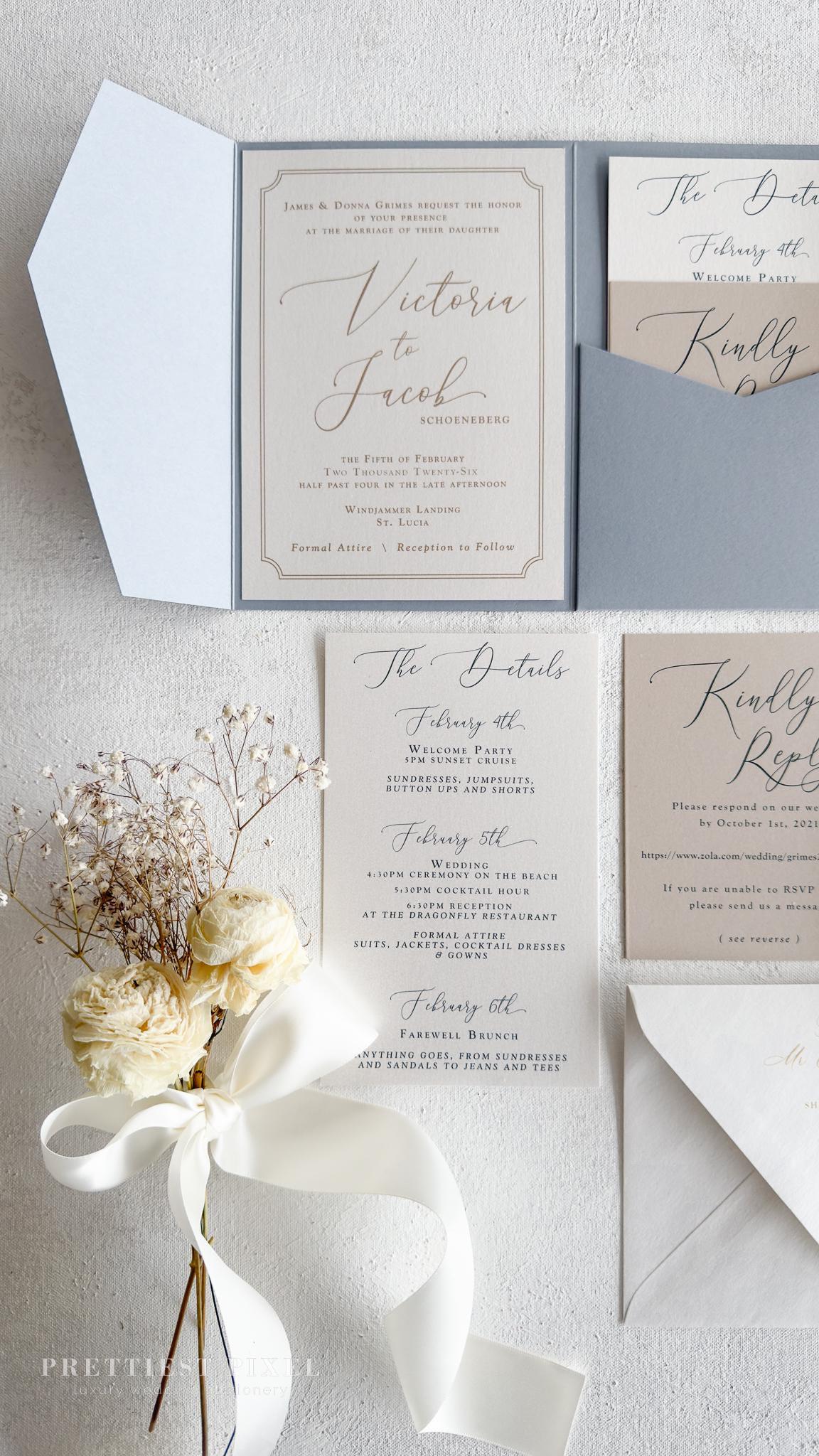 Invitaciones de boda: Diseño elegante en azul grisáceo - Incluye  confirmación de asistencia y detalles - Estilo 80 - Etsy México, image size:1152x2048