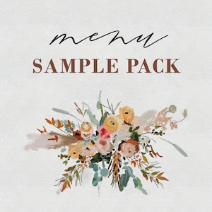 May include: A sample pack menu with the text "menu SAMPLE PACK" in brown lettering. A watercolor illustration of a bouquet of flowers with shades of yellow, orange, pink, and green.