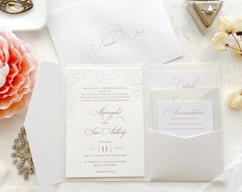 Letterpress Deboss Wedding Invitations | Foil Invitations |  Neutrals  | Wedding Invitation  - Style 777 Gold Letterpress Foil