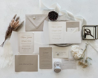 Ivory Wedding Invitation | Acrylic Wedding Invitations | Clear Invitations  |  Pocket Folder Style 218  Option 3a