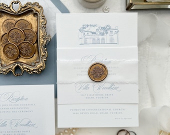 Personalized Wedding Invitations, Blue Cardstock (Custom Design Venue Sketch) Style 555