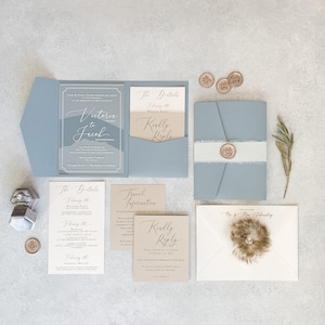 Dusty Blue Wedding Invitations | Custom Clear Acrylic Invitation | Elegant Invitations - Style 80 Option 3
