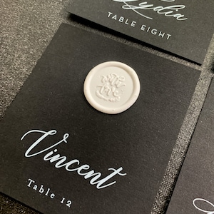 Wedding Name Cards | Wedding Place Cards - Black Cardstock with White ink and wax seal- Style 45