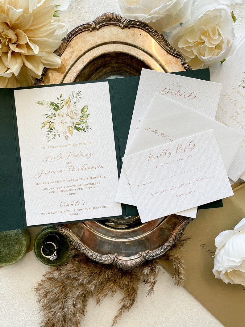 Dark Green Wedding Invitations Fall Wedding Invites Invitation Set Pocket Folder Wedding Invitation Style 302 image 5