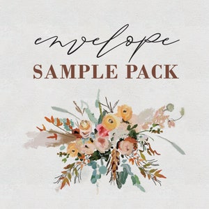 May include: An image with the word "envelope" in cursive script above the words "SAMPLE PACK" in a serif font. A watercolor floral arrangement in shades of peach, pink, and green is at the bottom of the image.
