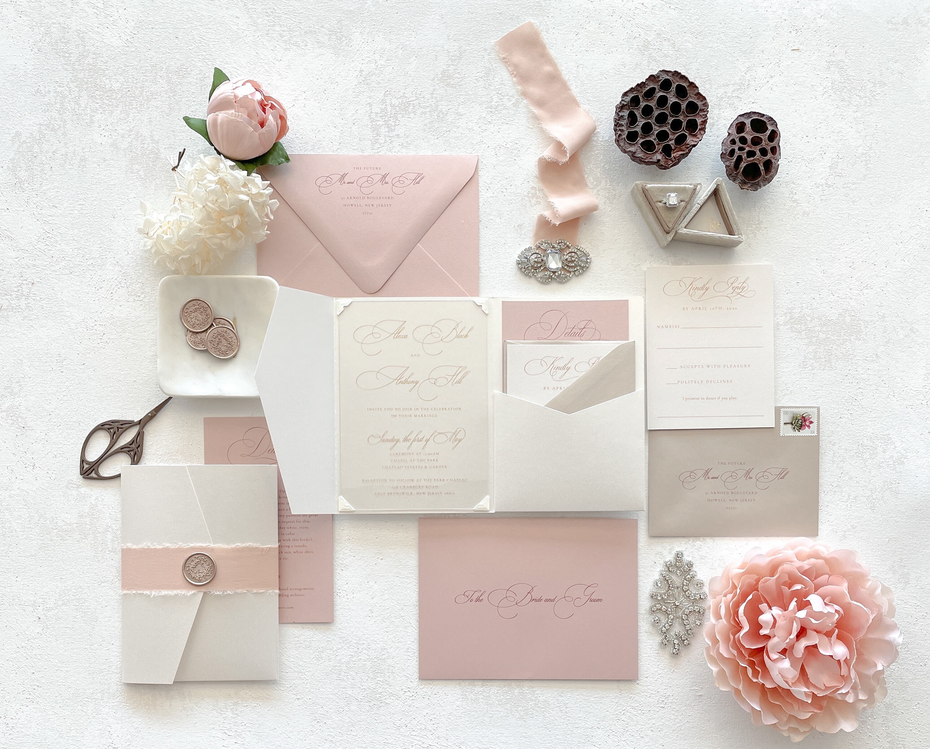 Ivory Floral and Rose Gold Acrylic Invitation – Invitations by