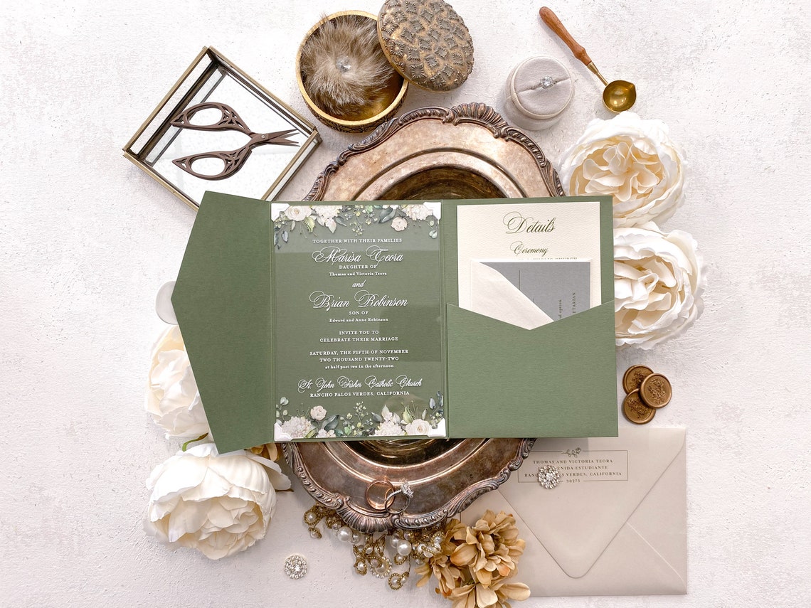 Sage Green Pocket Wedding Invitations Acrylic Invitations  image 1