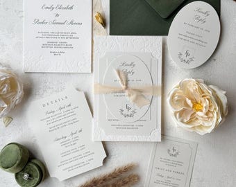 Spring Wedding Invitations Letterpress, Dusty Green Elegant Wedding Invitation Suite | 2-Ply Cardstock, Blind Deboss Details | 5.5x8.5