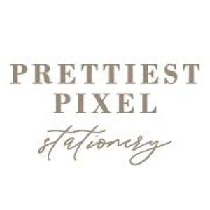 May include: A logo featuring the text PRETTIEST PIXEL in a bold, serif, taupe-colored font, positioned above the word stationery written in a smaller, cursive, taupe-colored script. The entire design is presented against a plain white background.