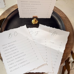 May include: A set of white, deckle-edged paper seating charts with black printed names and table numbers. The top card is held by a gold metal clip on a black plate. The text includes headers A-B, B-C, C-J, and L-M with lists of names.
