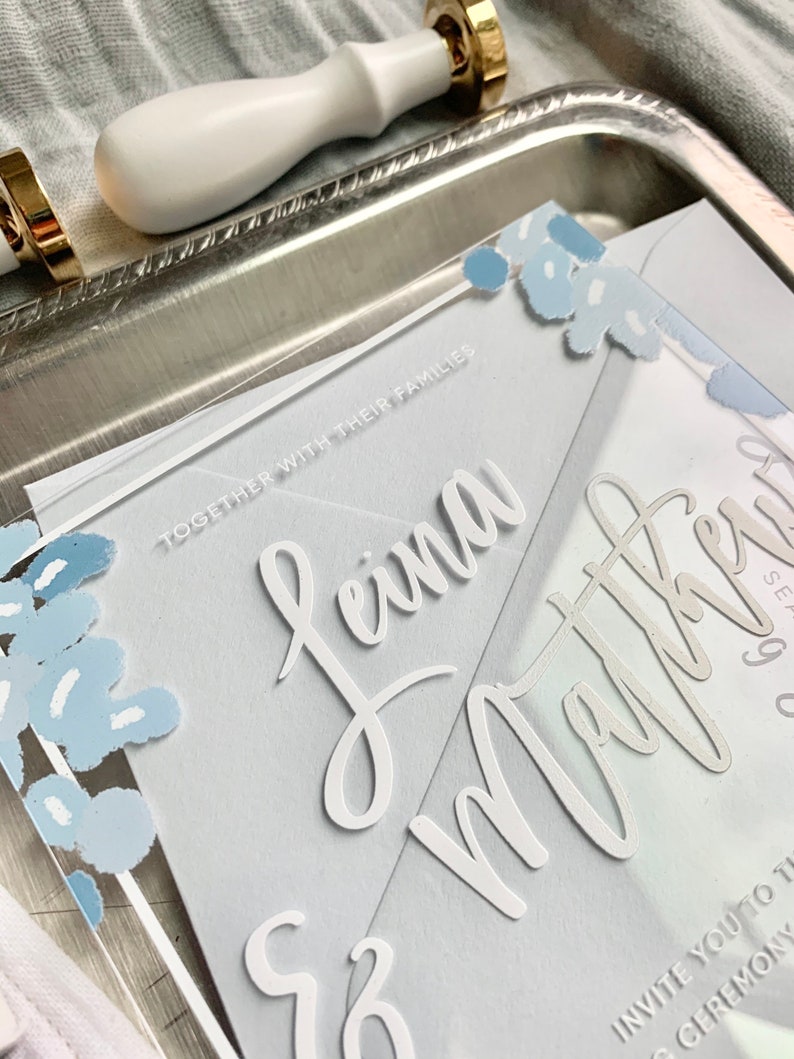 Clear Invitations OR Flexible Clear Invitations Acrylic Invites Style 94 Hydrangeas on Clear Flex Clear Invitations