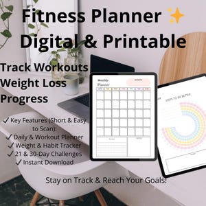 Digital Fitness Planner Printable | Workout, Meal Tracker | Health Journal PDF Download | Exercise Planner | Printable Goal Setting