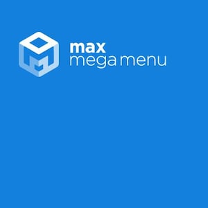 Op de afbeelding: Een blauw-witte afbeelding met de tekst "max mega menu". De afbeelding toont ook een menu met opties als "Menu Items", "Widgets" en "Flyout". Extra menu-opties zijn "Getting Started" en "Pro Features".