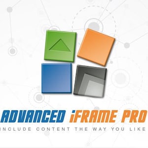 Könnte beinhalten: Ein Logo für Advanced iFrame Pro, ein Softwareprogramm, mit dem Benutzer Inhalte nach ihren Wünschen einfügen können. Das Logo zeigt vier Quadrate, eines grün mit einem nach oben zeigenden Pfeil, eines blau, eines orange und eines grau.