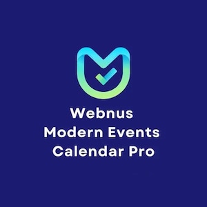 Könnte beinhalten: Ein blaues und grünes Logo mit einem Häkchen in einem stilisierten Buchstaben "U". Der Text "Webnus Modern Events Calendar Pro" befindet sich unter dem Logo.