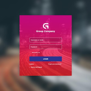 May include: A pink and red login screen with a white "G" logo for Group Company. The screen has a blurred city background and fields for username or email, password, and a "Remember me" checkbox. The button says "Login".