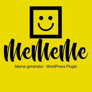 Könnte beinhalten: Ein schwarz-weißes Logo mit dem Text "MeMeMe" und einem lächelnden Gesicht in einem Quadrat. Der Text "Meme-Generator - WordPress-Plugin" befindet sich unter dem Logo.