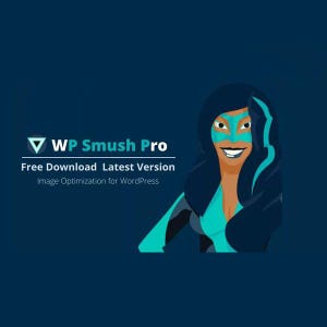 Könnte beinhalten: WP Smush Pro Logo mit dem Text "Kostenloser Download der neuesten Version" und "Bildoptimierung für WordPress". Im Hintergrund befindet sich eine blaue und türkisfarbene Superheldenfigur mit einer Maske.