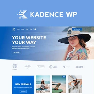 Könnte beinhalten: Webdesign mit dem Kadence WP-Logo und dem Text "YOUR WEBSITE YOUR WAY". Das Bild zeigt eine Frau mit Hut und ein Website-Mockup mit Produktbildern. Das allgemeine Farbschema ist blau und weiß.