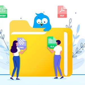 Pode incluir: Ilustra&ccedil;&atilde;o de uma pasta amarela com um p&aacute;ssaro azul no topo. Duas pessoas est&atilde;o de p&eacute; ao lado da pasta, segurando diferentes tipos de arquivos, incluindo XLS, MP3, DOC, PDF, JPG e MP4. O texto "BIG UPDATE" est&aacute; em uma caixa amarela no canto superior direito da imagem.