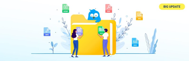 Pode incluir: Ilustra&ccedil;&atilde;o de uma pasta amarela com um p&aacute;ssaro azul no topo. Duas pessoas est&atilde;o de p&eacute; ao lado da pasta, segurando diferentes tipos de arquivos, incluindo XLS, MP3, DOC, PDF, JPG e MP4. O texto "BIG UPDATE" est&aacute; em uma caixa amarela no canto superior direito da imagem.