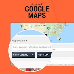 Könnte beinhalten: Ein orangefarbener Hintergrund mit den schwarzen Worten "Advanced GOOGLE MAPS". Eine Karte der Vereinigten Staaten ist sichtbar, mit einer kreisförmigen Überlagerung, die Optionen für Kartenstandorte anzeigt, einschließlich Adresseingabe und Kategorieauswahl.