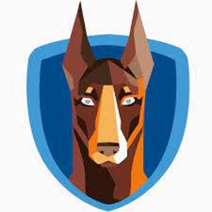 May include: A brown and orange Doberman Pinscher dog head with blue eyes, inside a blue shield.