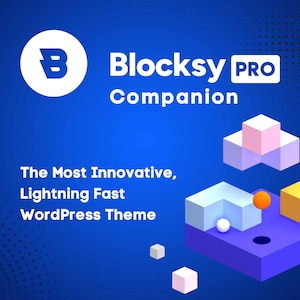 Könnte beinhalten: Eine blaue und weiße Grafik mit dem Text "Blocksy PRO Companion" und dem Slogan "The Most Innovative, Lightning Fast WordPress Theme". Die Grafik zeigt auch eine blaue und weiße 3D-geometrische Form.