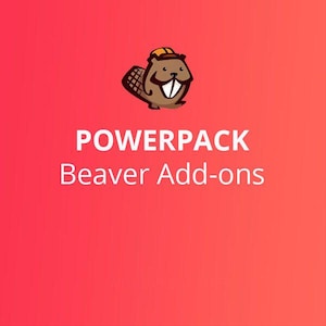 Könnte beinhalten: Ein roter Hintergrund mit einem Cartoon-Biber, der einen gelben Helm trägt. Der Text "POWERPACK Beaver Add-ons" befindet sich unter dem Biber.