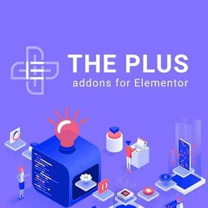 May include: A blue and white logo for The Plus, a company that makes add-ons for Elementor. The logo is a stylised plus sign with three horizontal lines. The text "THE PLUS" is in white and the text "addons for Elementor" is in grey. The image also shows a variety of colourful icons and a light bulb, representing the company's products and services.