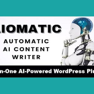 Könnte beinhalten: Ein weißer Roboter mit blauem Kopf denkt nach. Der Text auf dem Bild lautet "AIOMATIC AUTOMATIC AI CONTENT WRITER All-in-One AI-Powered WordPress Plugin" sowie "PRO" und "NEW".