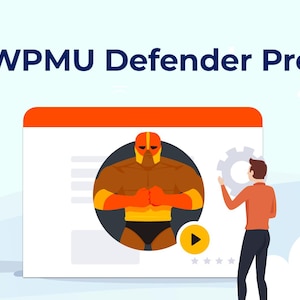 Könnte beinhalten: Illustration mit dem Text "WPMU Defender Pro" oben. Das Bild zeigt eine Superheldenfigur in einem Computerbildschirm, eine Person und Zahnradsymbole. Der Hintergrund ist hellblau.
