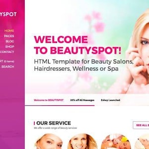 May include: Website homepage for a beauty salon, spa, or hair salon. The website is called "BeautySpot" and features a pink and white color scheme. The text "Welcome to BeautySpot!" is displayed in large, bold letters. The text "HTML Template for Beauty Salons, Hairdressers, Wellness or Spa" is displayed below the welcome message. The website also features a navigation bar with links to the home page, pages, blog, shop, and contact page. The website also features a search bar and a shopping cart icon.