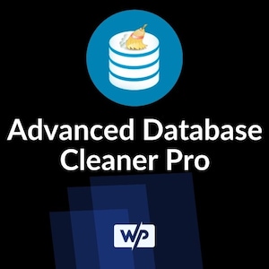 May include: A blue circle containing a white database icon with a yellow broom on top. The text "Advanced Database Cleaner Pro" is below the circle. The text "WP" is in a white rectangle with a blue slash.