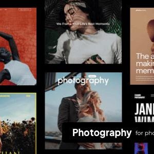 Puede incluir: Un diseño web con varios temas de fotografía. Los diseños muestran modelos, texto e imágenes. El texto incluye "Photography" y "The art of making memories". Un círculo amarillo con "NEW UPDATE" está en la parte superior izquierda.