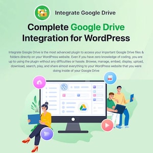 Könnte beinhalten: Eine Illustration, die die Google Drive-Integration für WordPress bewirbt. Das Bild zeigt einen Computermonitor mit dem WordPress-Logo, wobei Personen mit der Benutzeroberfläche interagieren. Der Text enthält "Google Drive integrieren" und "Komplette Google Drive-Integration für WordPress."