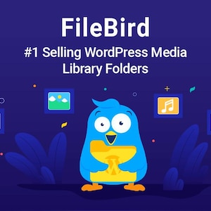 May include: A blue cartoon bird holding a yellow folder with the word "WordPress" inside. The text "FileBird #1 Selling WordPress Media Library Folders" is above the bird.