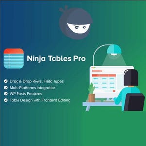 Könnte beinhalten: Digitale Illustration, die "Ninja Tables Pro" bewirbt. Das Bild zeigt ein Ninja-Symbol, ein Tabellensymbol und eine Person, die an einem Computer arbeitet. Text hebt Funktionen wie Drag & Drop, Multi-Plattform-Integration und Frontend-Bearbeitung hervor.