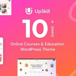 Könnte beinhalten: Eine digitale Werbegrafik für das UpSkill WordPress-Theme mit dem Text 10+ Demos, Online Courses & Education WordPress Theme vor einem leuchtenden rosa-orangen Hintergrund mit mehreren Vorschauen von Website-Oberflächen.