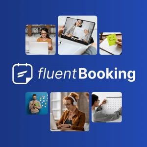 Pode incluir: Gráfico azul com o texto "fluentBooking" e várias imagens pequenas. As imagens mostram pessoas usando laptops, tablets e calendários, sugerindo um serviço de agendamento.