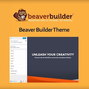 Könnte beinhalten: Ein Screenshot eines Computerbildschirms, der das Beaver Builder Theme für WordPress zeigt. Der Bildschirm zeigt einen dunkelgrauen Hintergrund mit dem Text "ENTFESSELN SIE IHRE KREATIVITÄT" und "Finden Sie heraus, warum die WordPress-Community Beaver Builder liebt." Der Bildschirm zeigt auch eine Seitenleiste mit dem Text "Ihre großartige Website" und eine Liste von Optionen zum Anpassen der Website.