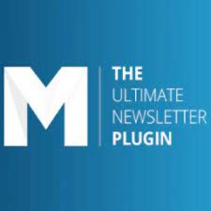 Könnte beinhalten: Das Logo von The Ultimate Newsletter Plugin, mit einem weißen Buchstaben "M" auf blauem Hintergrund und dem Text "The Ultimate Newsletter Plugin" in weiß.