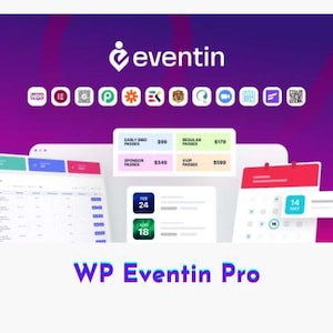 Może przedstawiać: Zrzut ekranu strony internetowej dla WP Eventin Pro, wtyczki WordPress do zarządzania wydarzeniami. Strona zawiera kalendarz, listę biletów na wydarzenia i logo wtyczki. Logo to niebieska i biała ikona z zaznaczeniem w kółku.