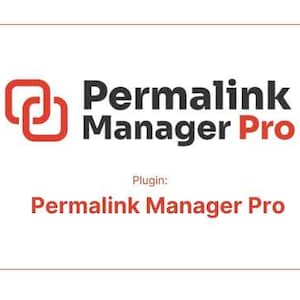 Könnte beinhalten: Ein weißer Hintergrund mit einem roten Logo aus zwei überlappenden Quadraten und dem Text "Permalink Manager Pro" in Schwarz. Unter dem Logo wird der Text "Plugin: Permalink Manager Pro" in Schwarz angezeigt.